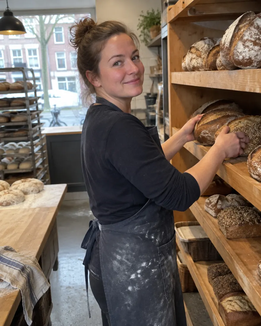 Samira aan het werk in een bakkerij