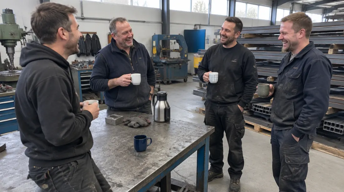 Team van een metaalbedrijf in Veghel tijdens de koffie